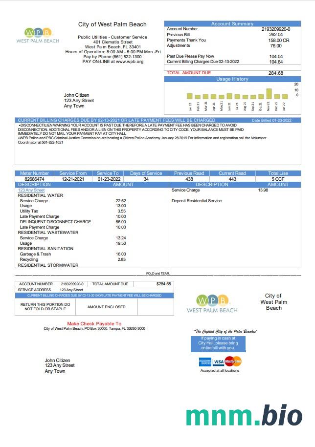 USA Florida City of West Palm Beach rachunek za media szablon w formacie Word i PDF